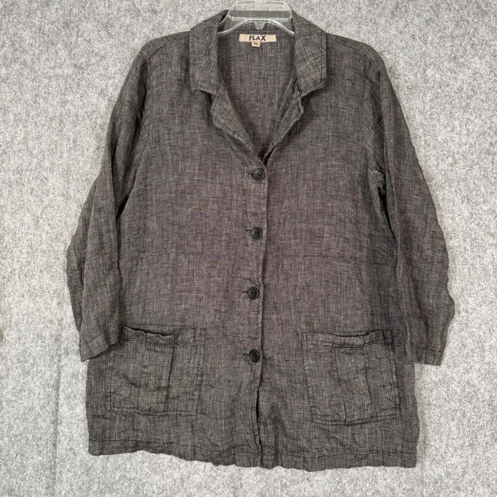 FLAX Linen Blazer Womens Medium Top Button Down Oversized Pockets Lagenlook